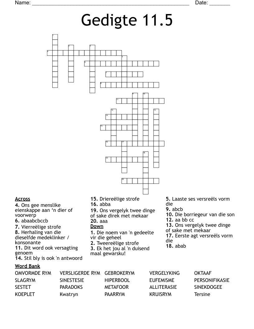 Gedigte 11.5 Crossword