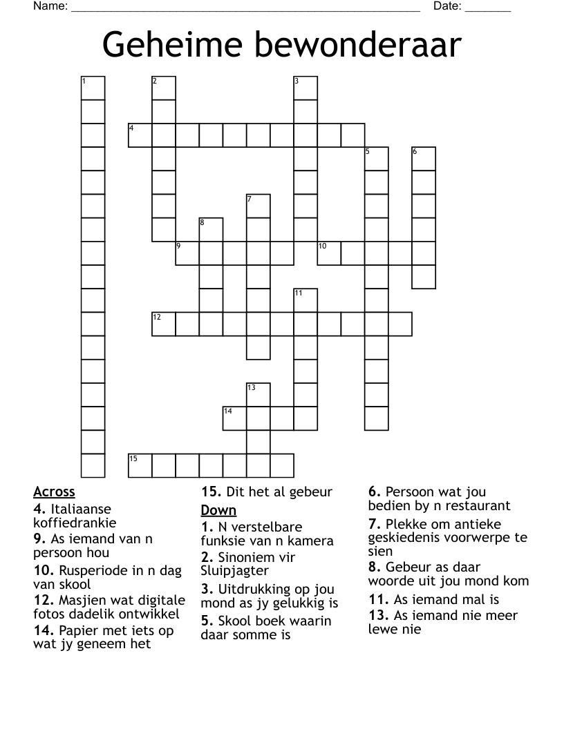 Geheime bewonderaar Crossword