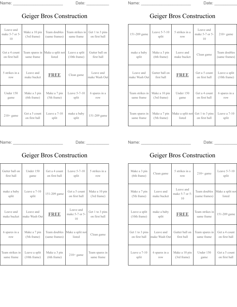 Geiger Bros Construction Bingo Cards