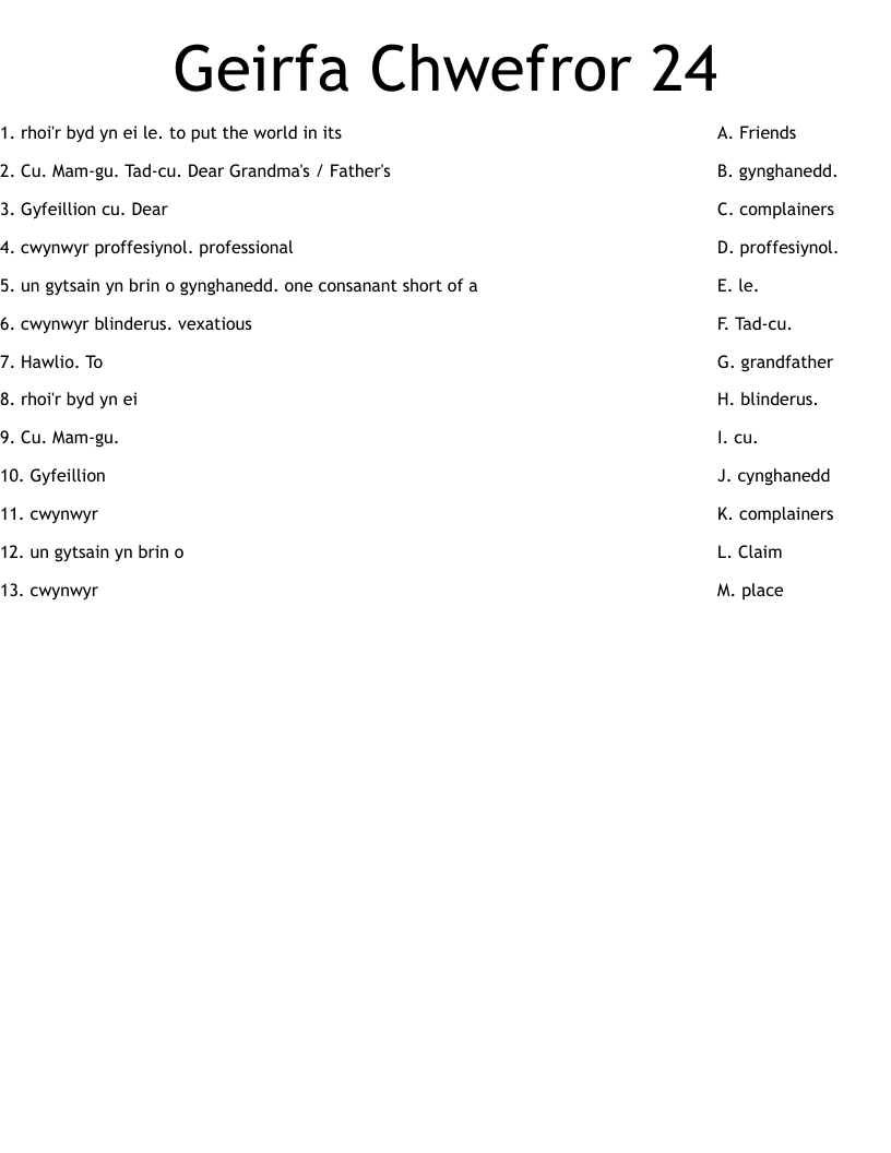 Geirfa Chwefror 24 Worksheet
