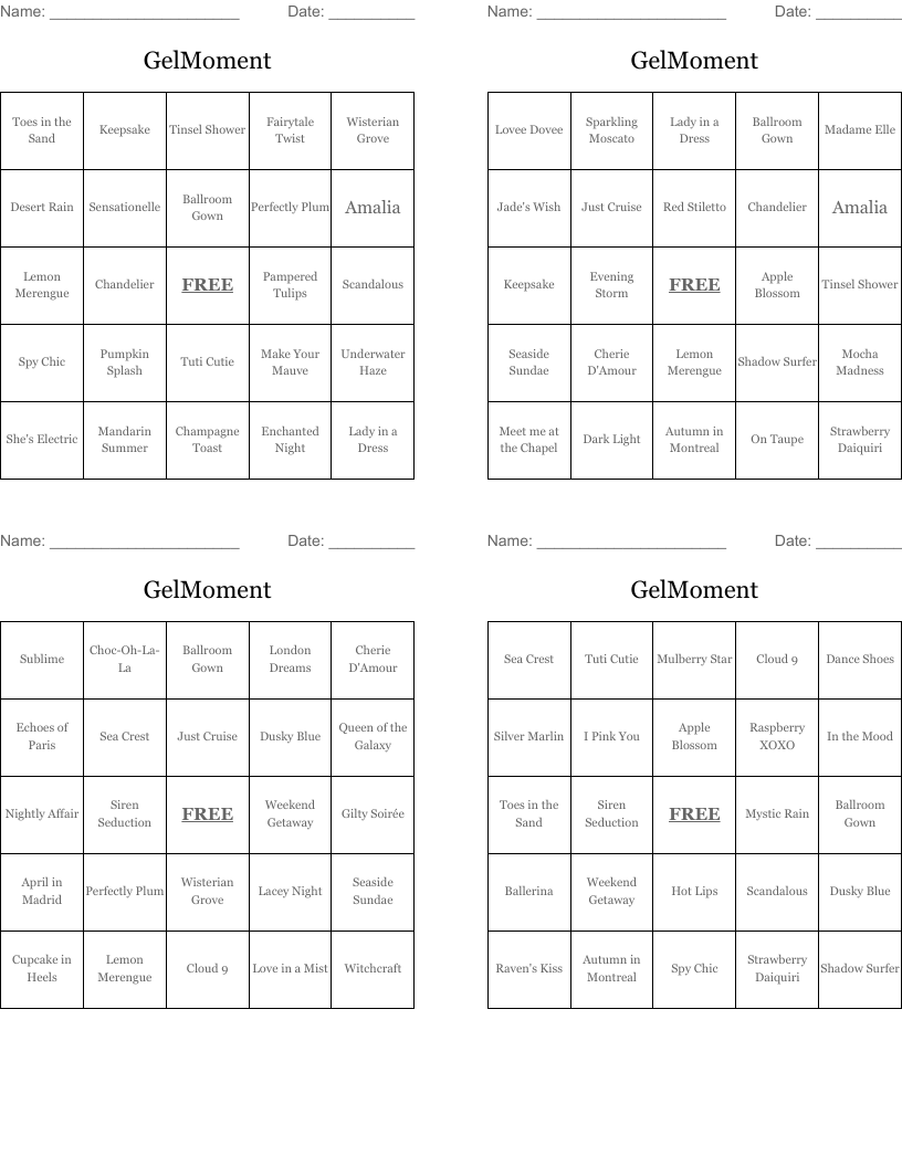 GelMoment Bingo Cards
