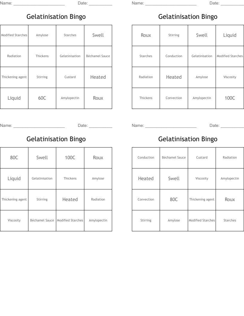 Gelatinisation Bingo
