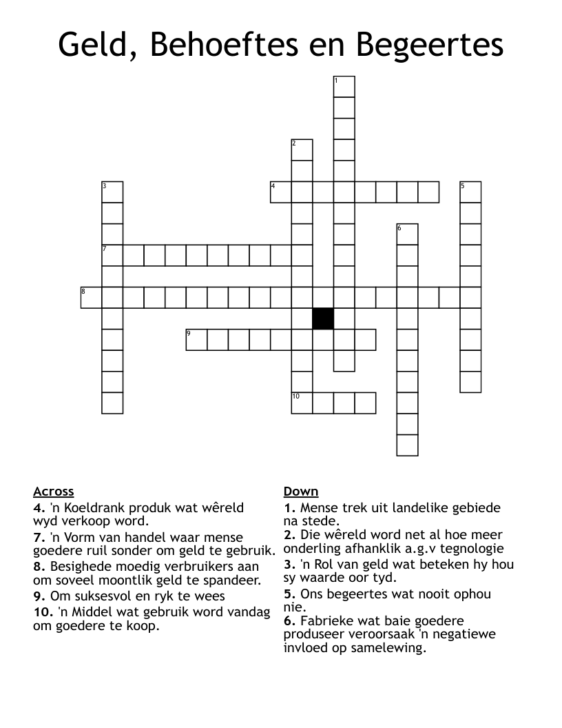 Geld, Behoeftes en Begeertes Crossword