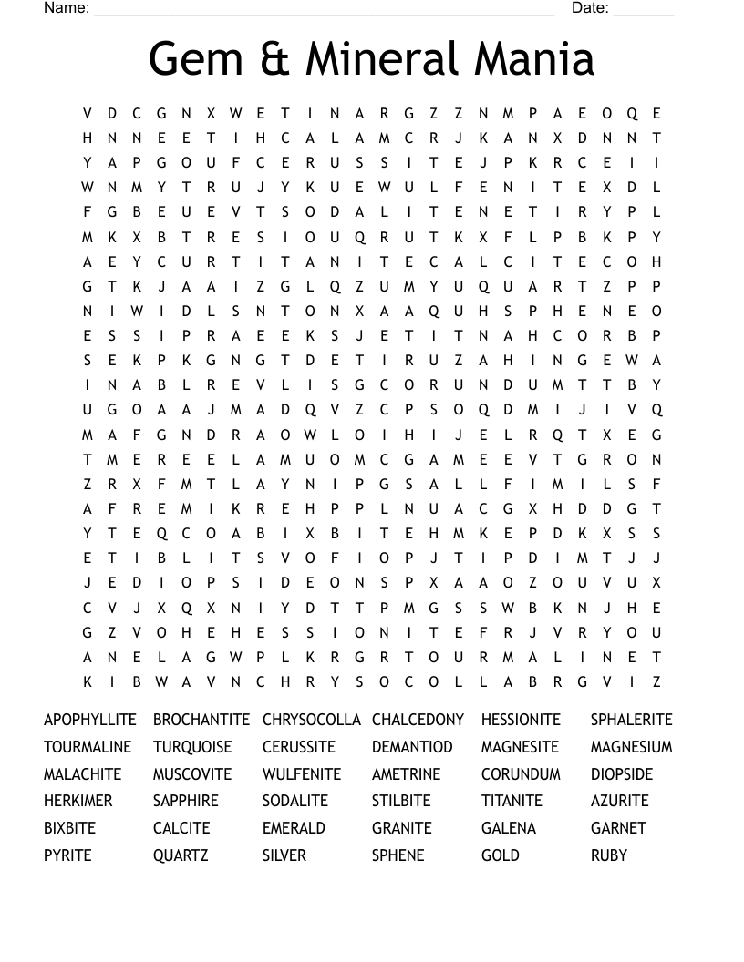 Gem & Mineral Mania Word Search