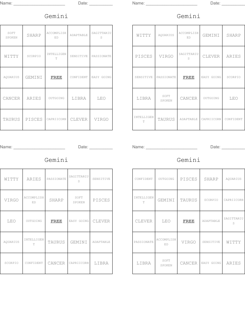 Gemini Bingo Cards