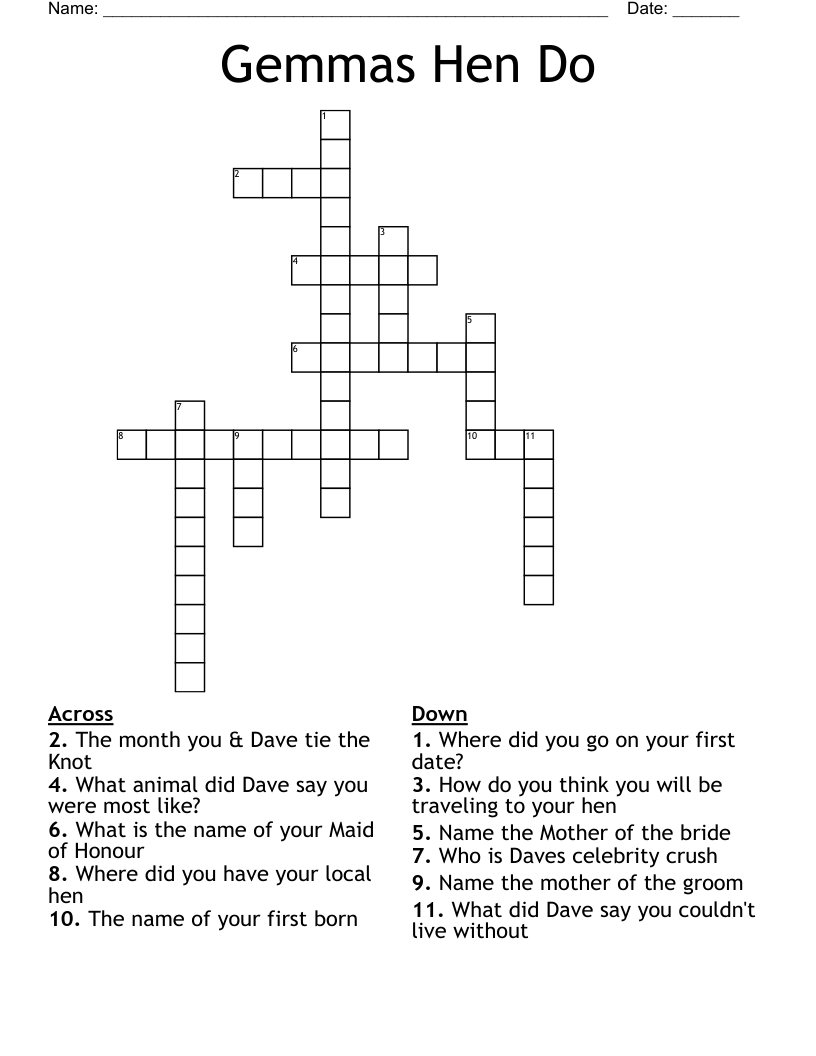 Gemmas Hen Do Crossword