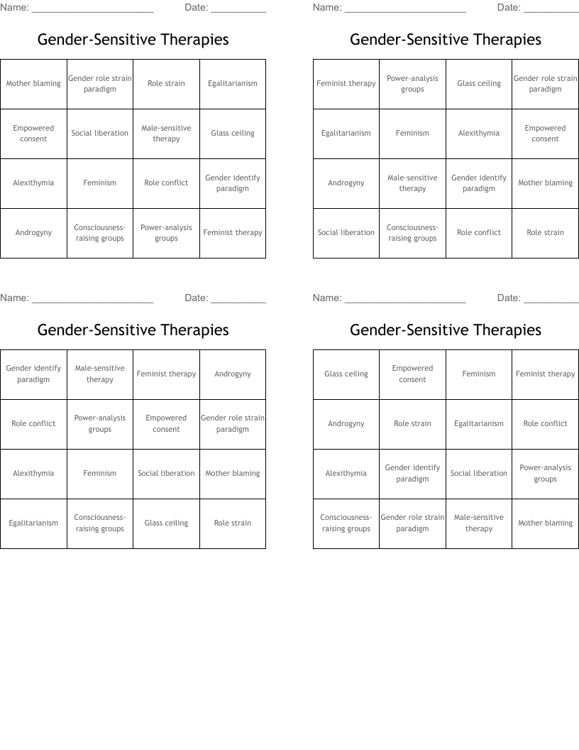 Gender-Sensitive Therapies Bingo Cards