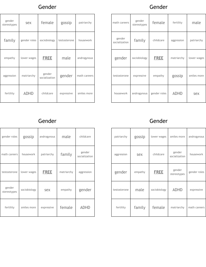 Gender Bingo Cards