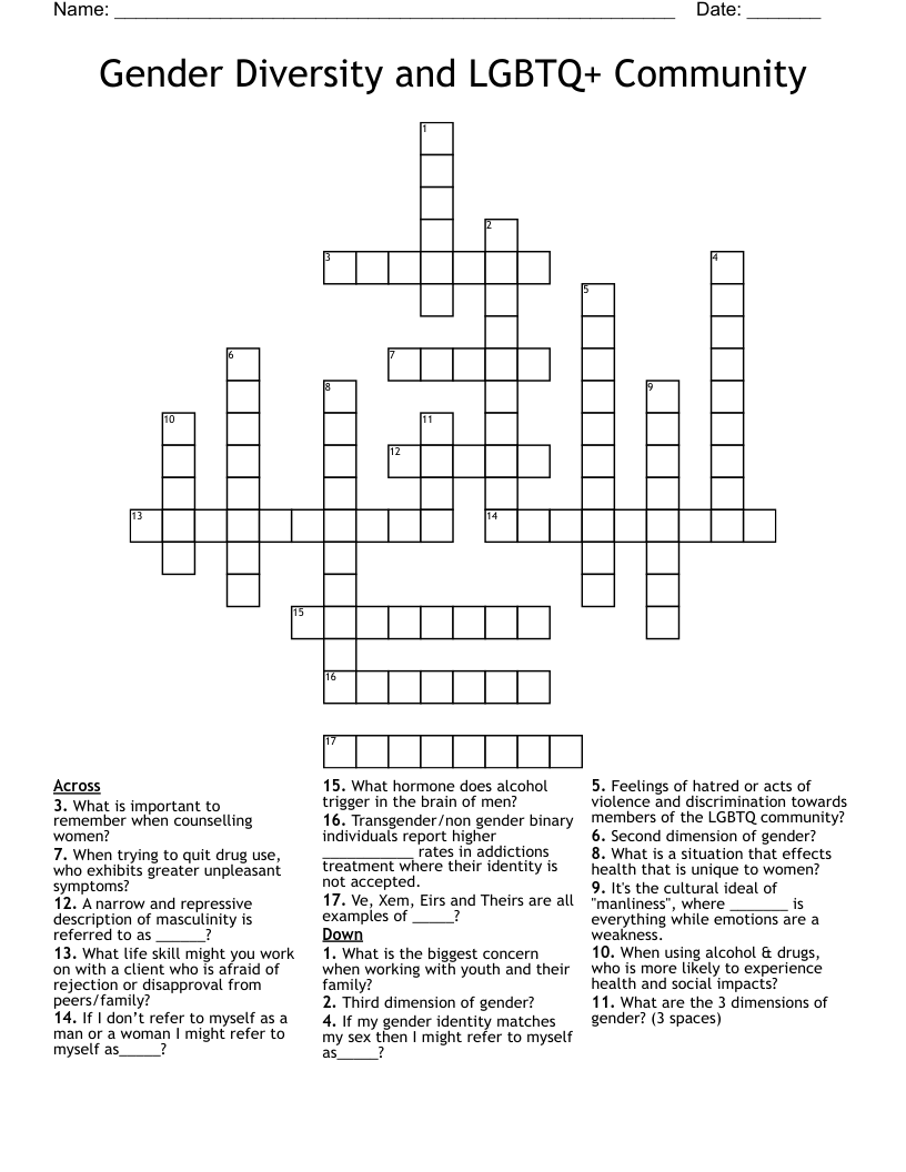 Gender Diversity and LGBTQ+ Community  Crossword