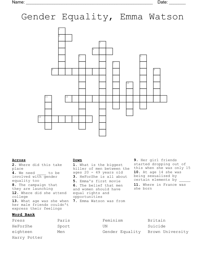 Gender Equality, Emma Watson Crossword