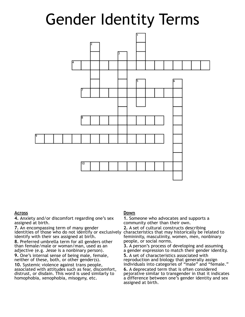 Gender Identity Terms Crossword