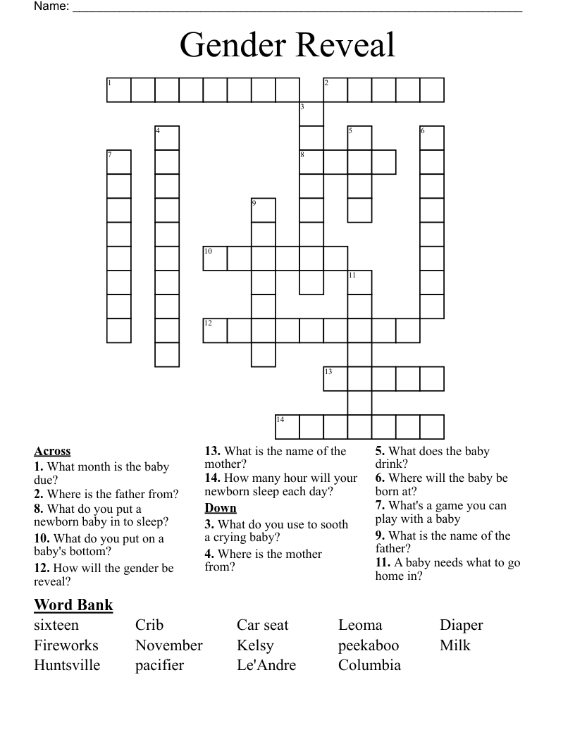 Gender Reveal Crossword