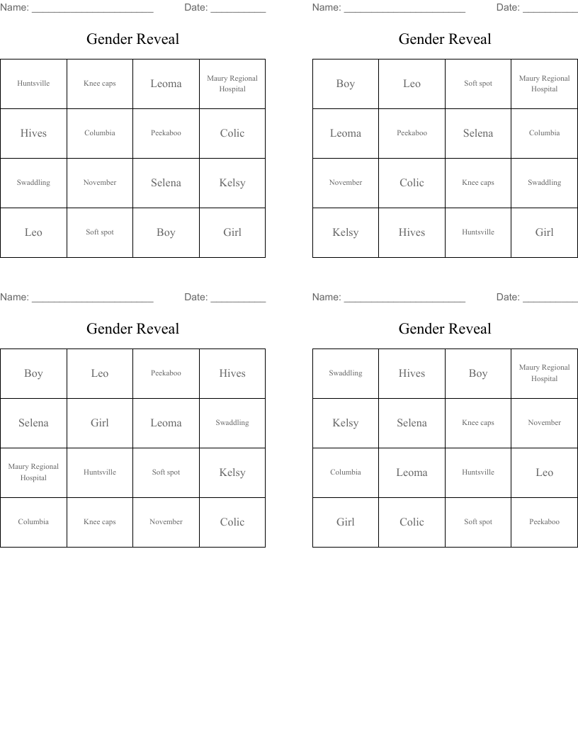 Gender Reveal Bingo Cards