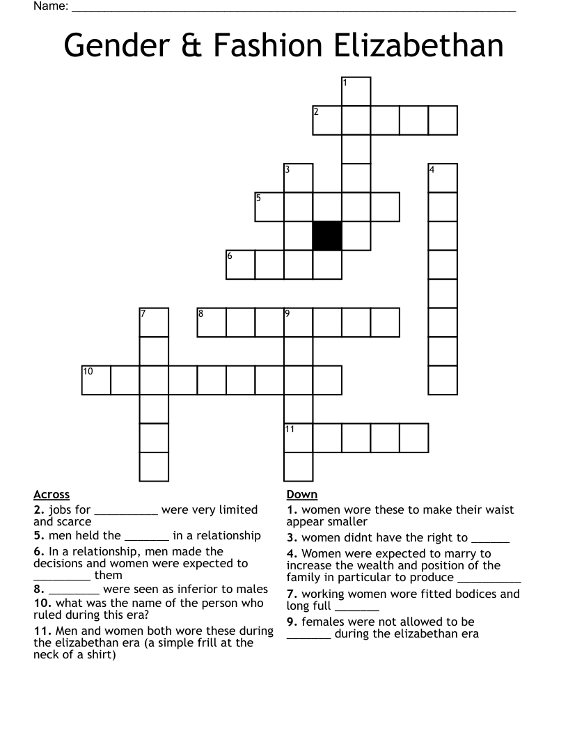 Gender & Fashion Elizabethan  Crossword