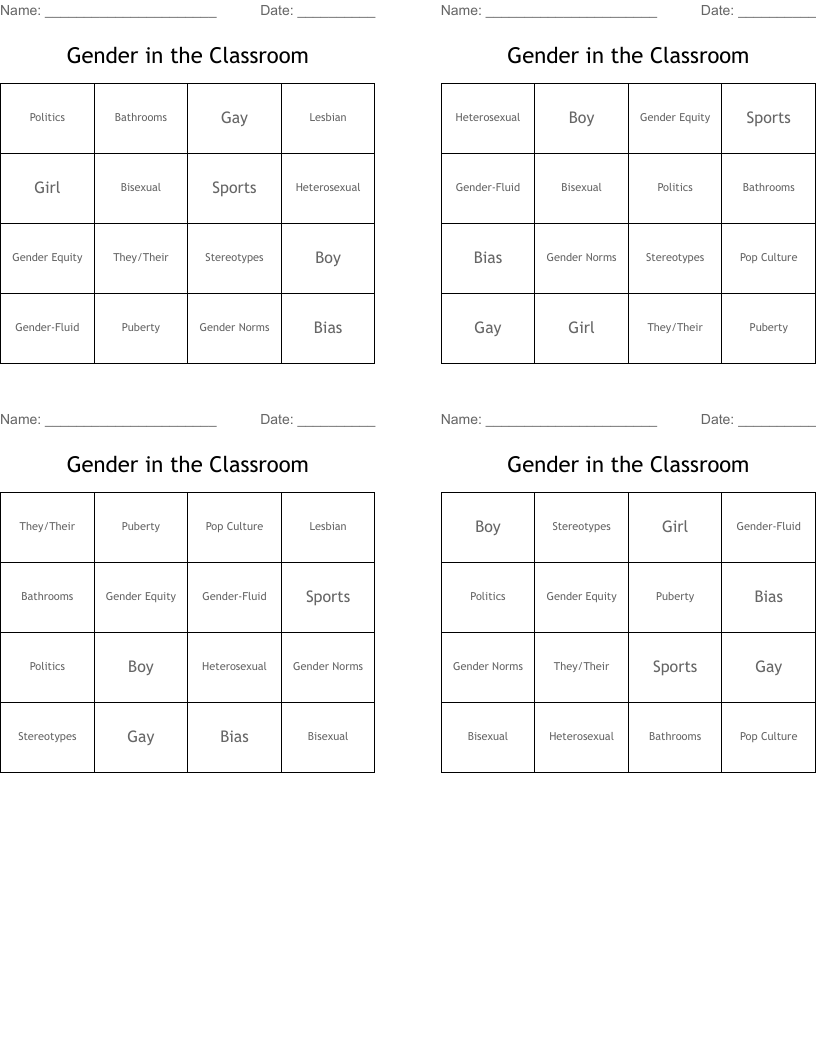 Gender in the Classroom Bingo Cards