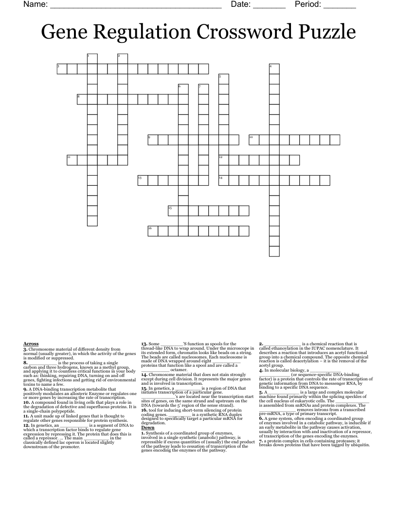 Gene Regulation Crossword Puzzle