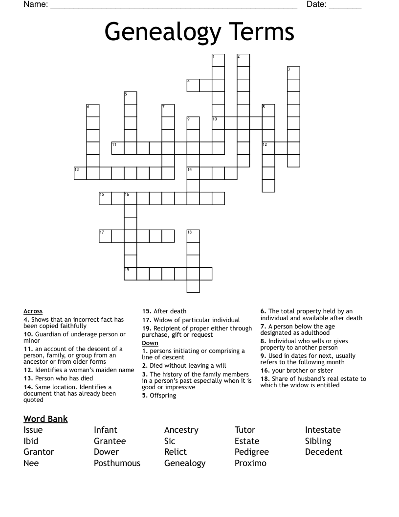 Genealogy Terms Crossword