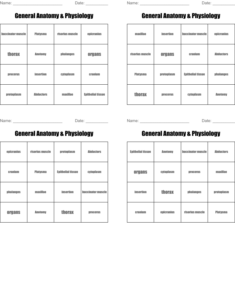 General Anatomy & Physiology Bingo Cards