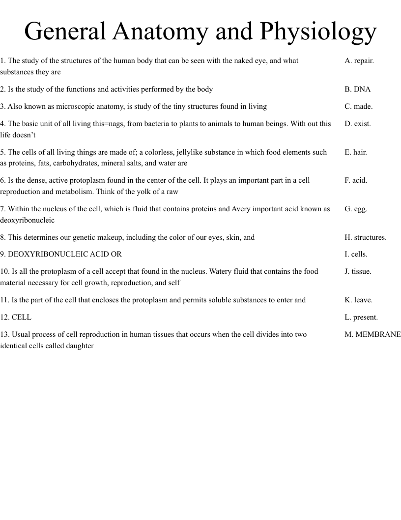 General Anatomy and Physiology  Worksheet