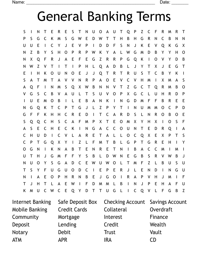 General Banking Terms Word Search