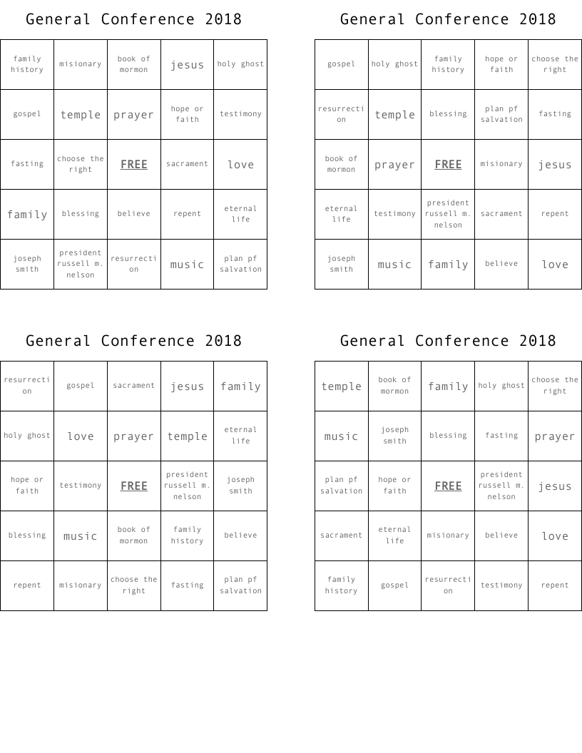 General Conference 2018 Bingo Cards