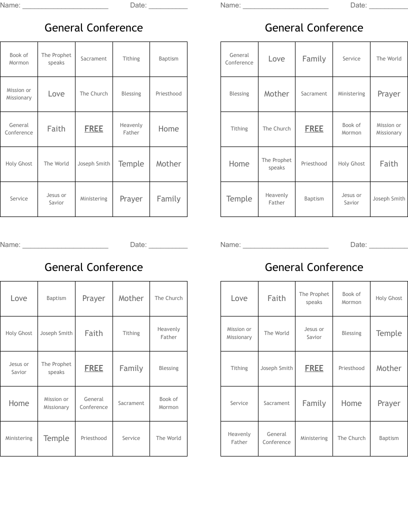General Conference Bingo Cards
