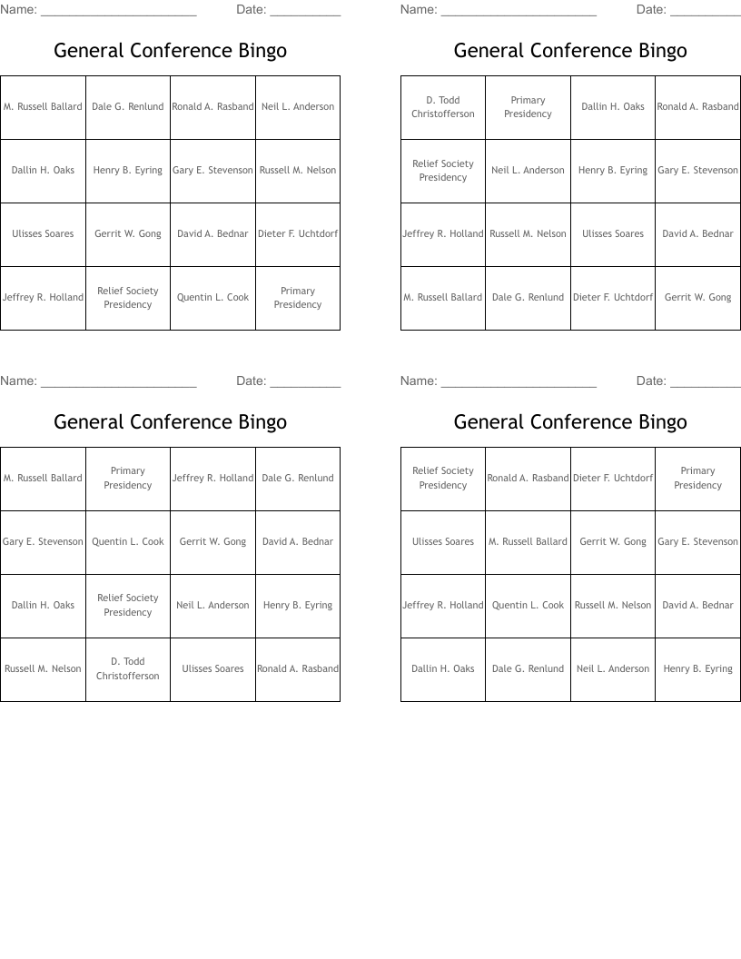 General Conference Bingo