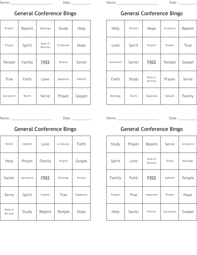 General Conference Bingo