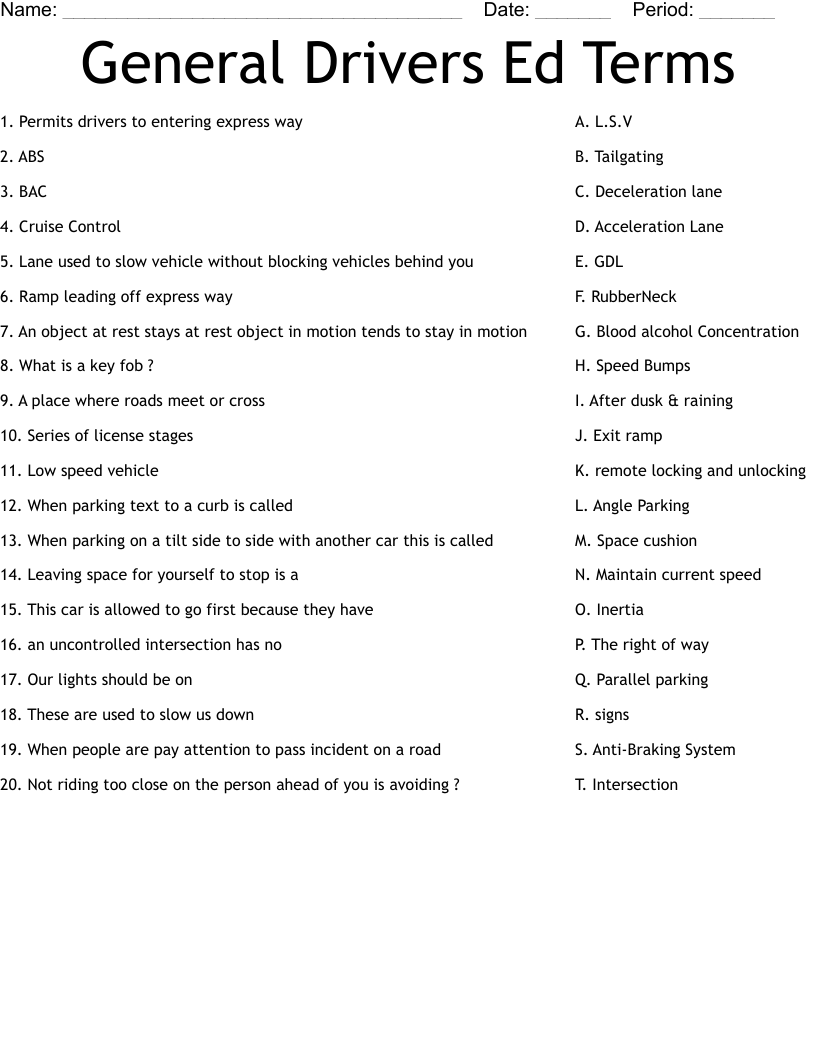 General Drivers Ed Terms  Worksheet