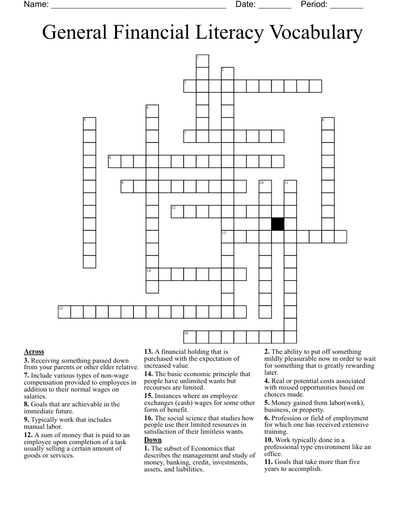 General Financial Literacy Vocabulary Crossword