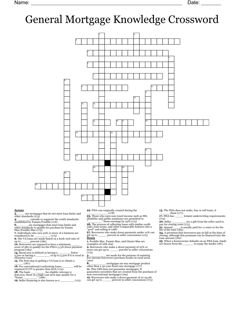 General Mortgage Knowledge Crossword