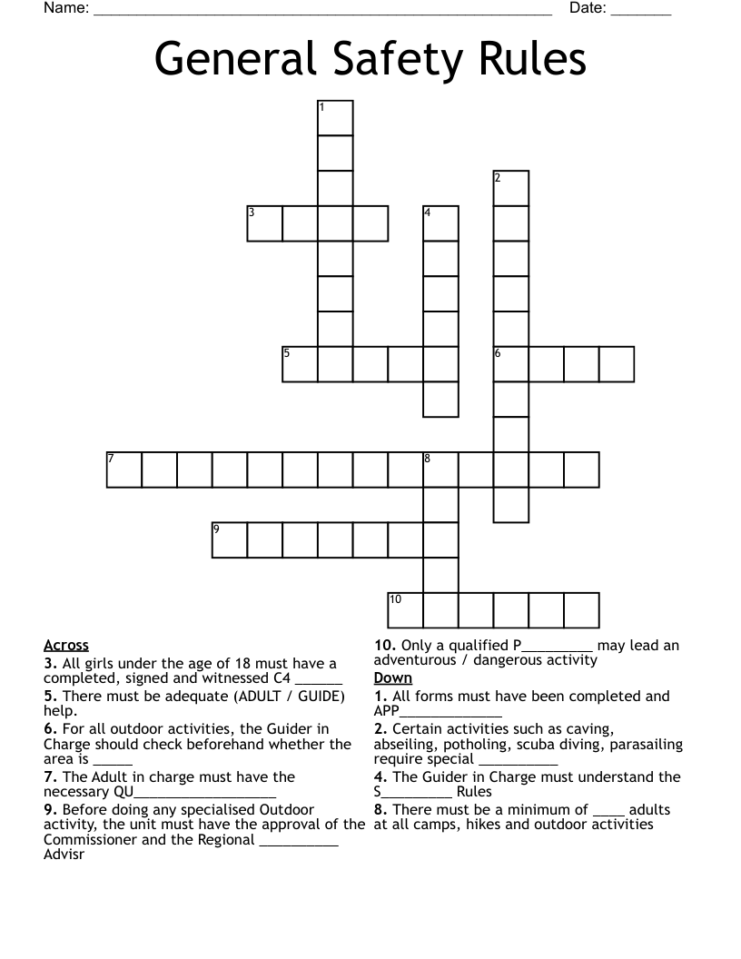 General Safety Rules Crossword