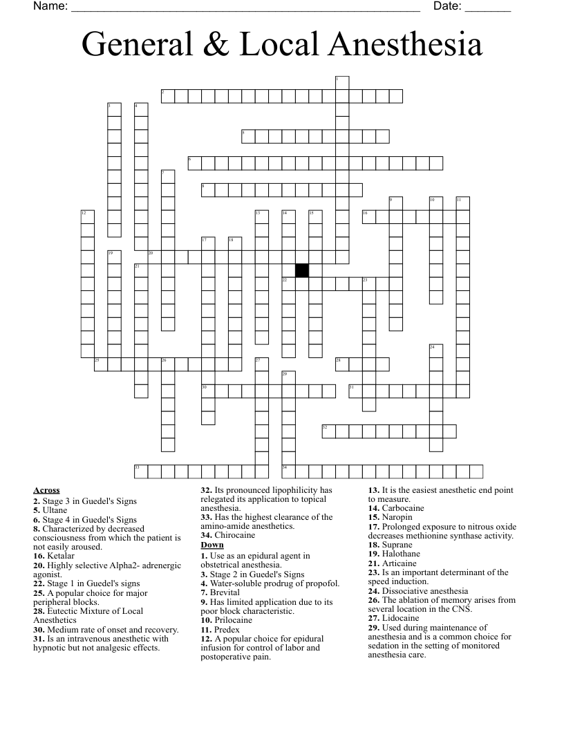 General & Local Anesthesia Crossword