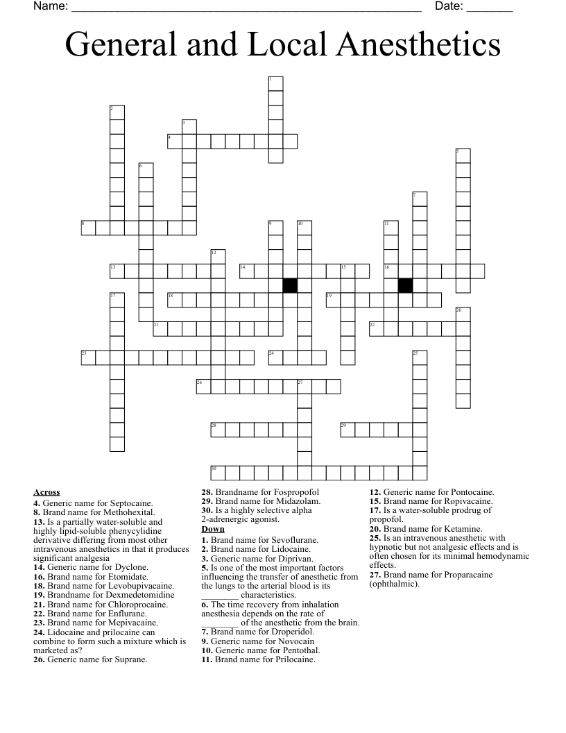 General and Local Anesthetics Crossword