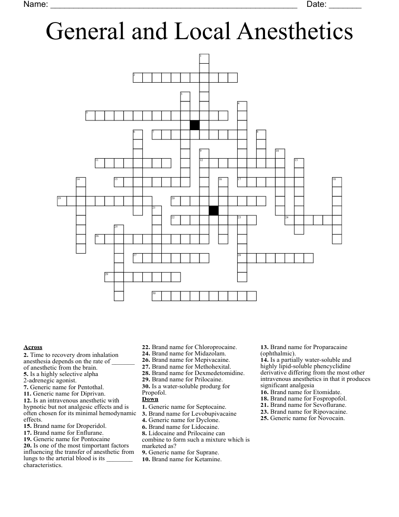General and Local Anesthetics Crossword