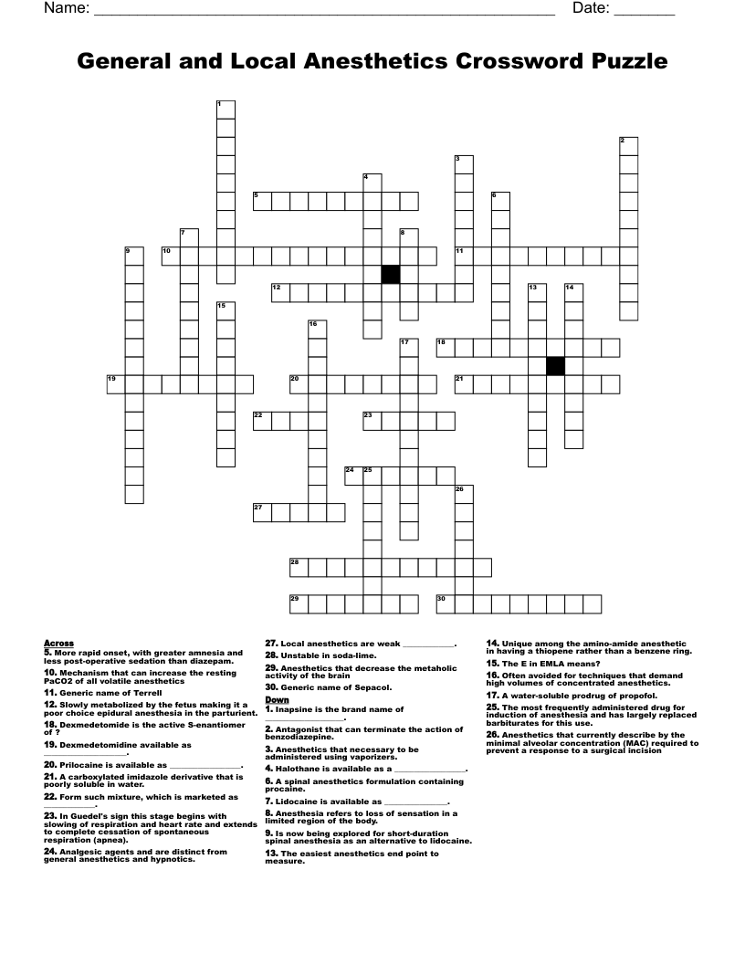 General and Local Anesthetics Crossword Puzzle