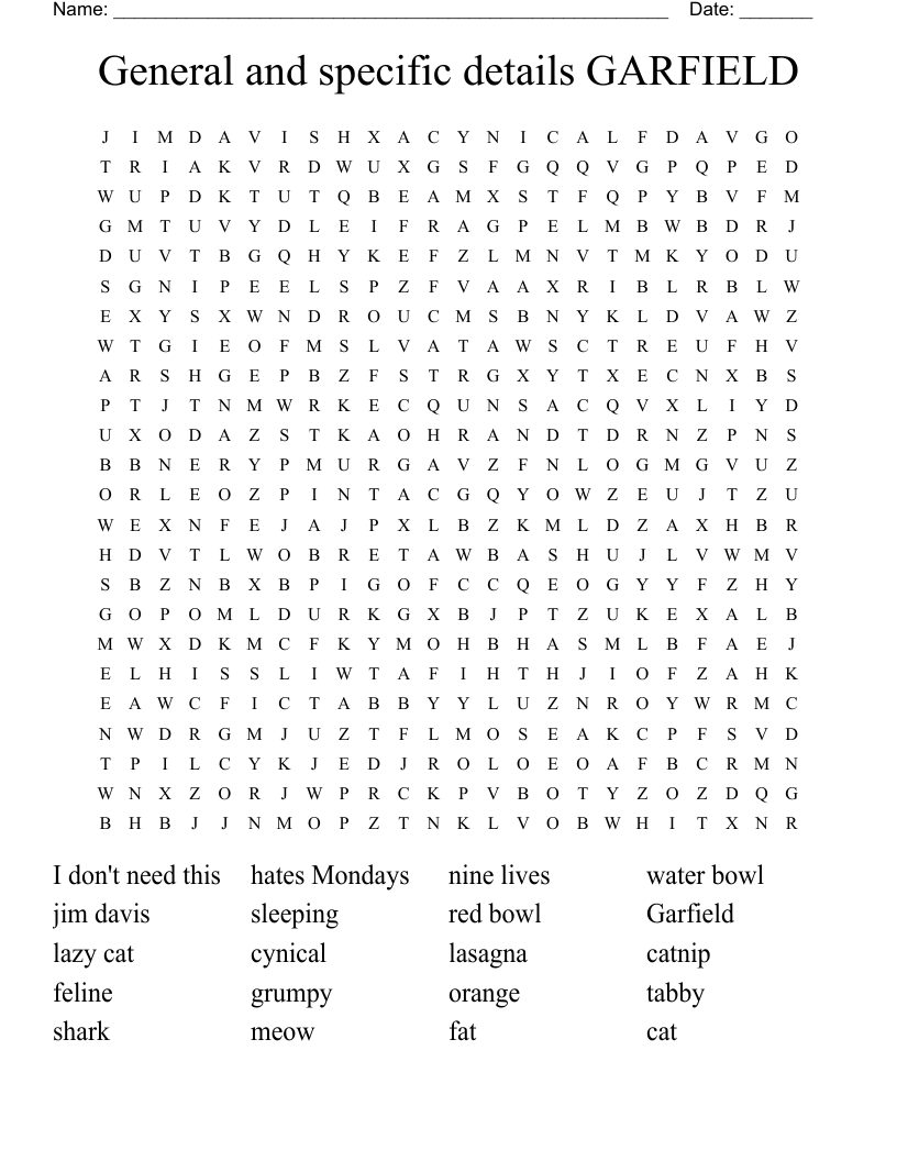 General and specific details  GARFIELD Word Search