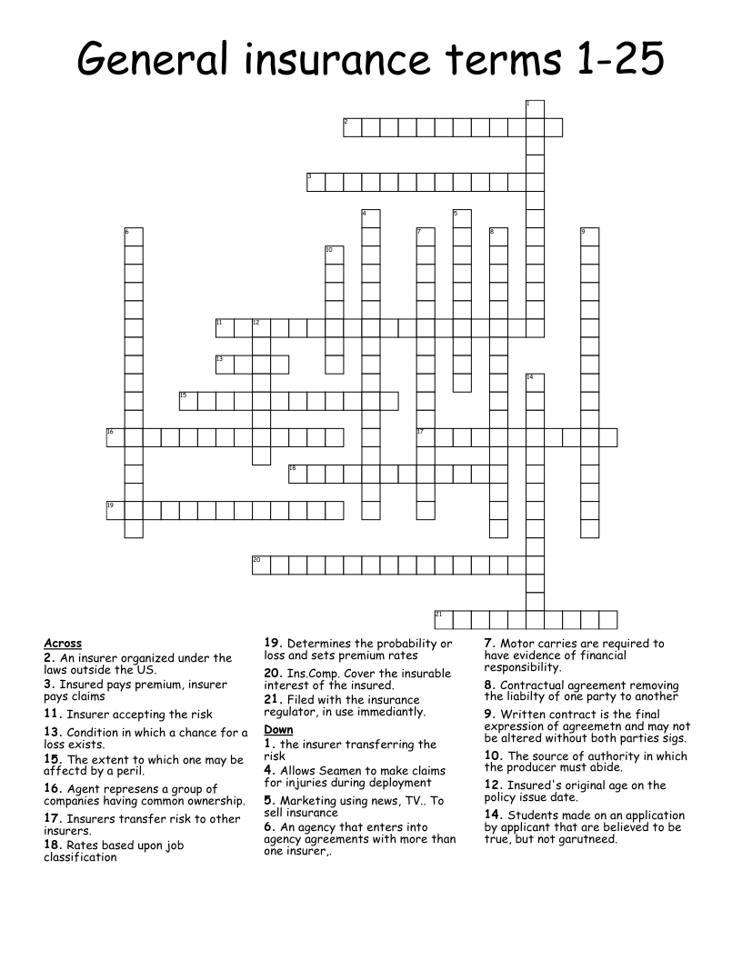 General insurance terms 1-25 Crossword
