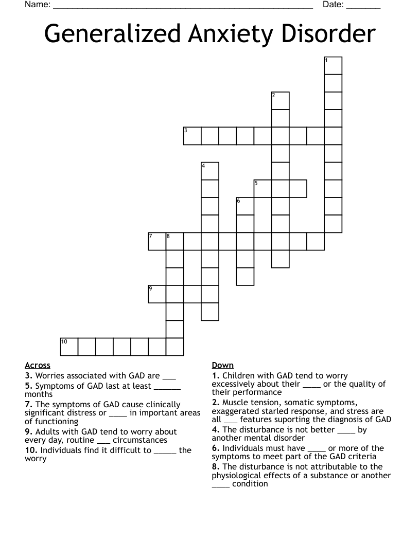 Generalized Anxiety Disorder Crossword