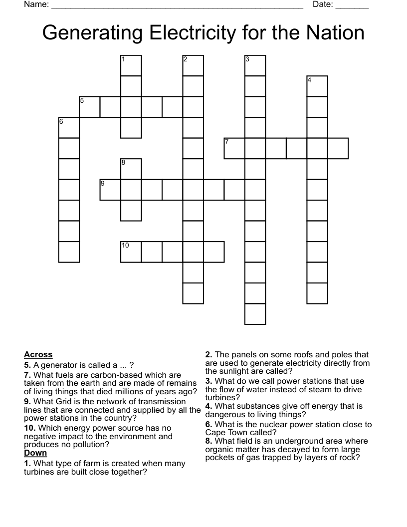 Generating Electricity for the Nation Crossword