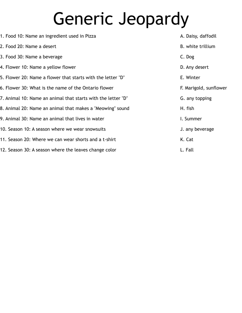 Generic Jeopardy Worksheet