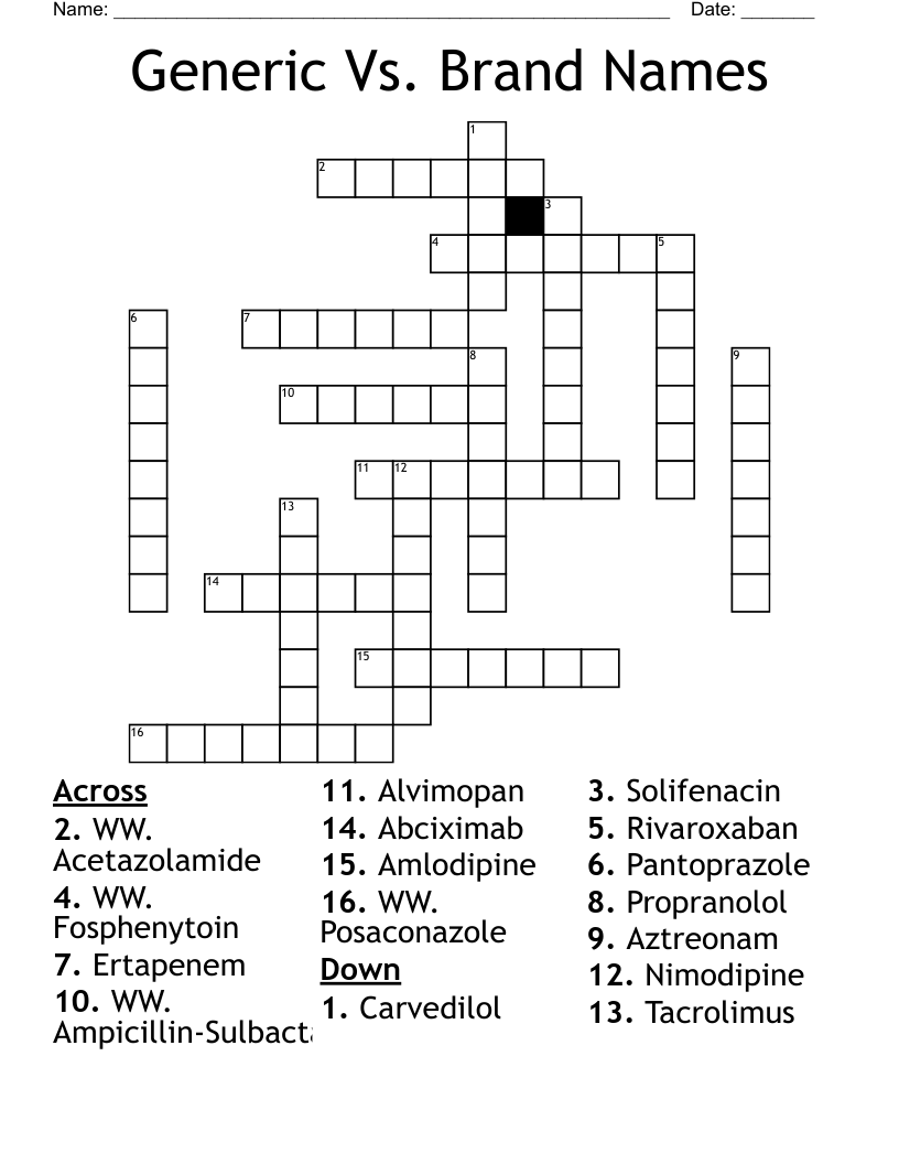 Generic Vs. Brand Names Crossword