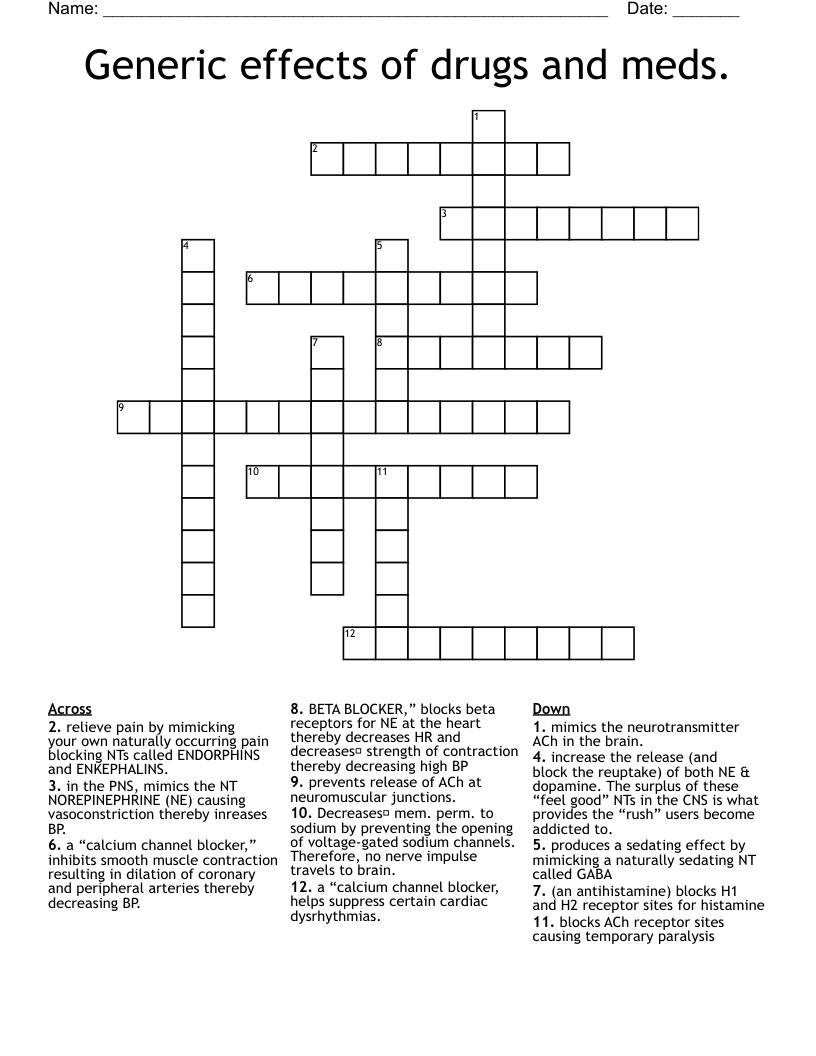 Generic effects of drugs and meds. Crossword