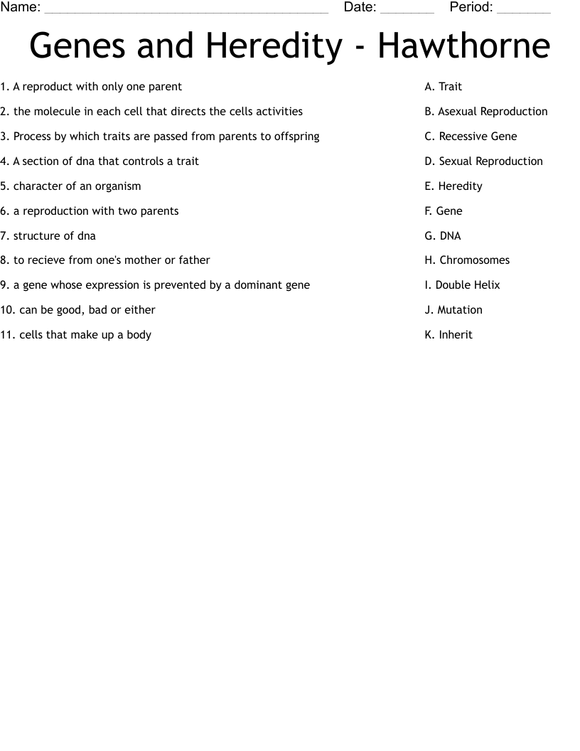 Genes and Heredity - Hawthorne Worksheet