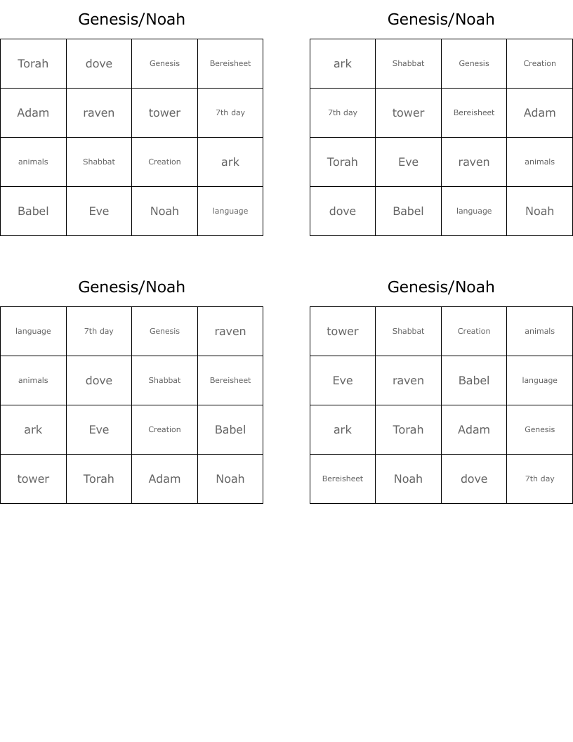 Genesis/Noah Bingo Cards