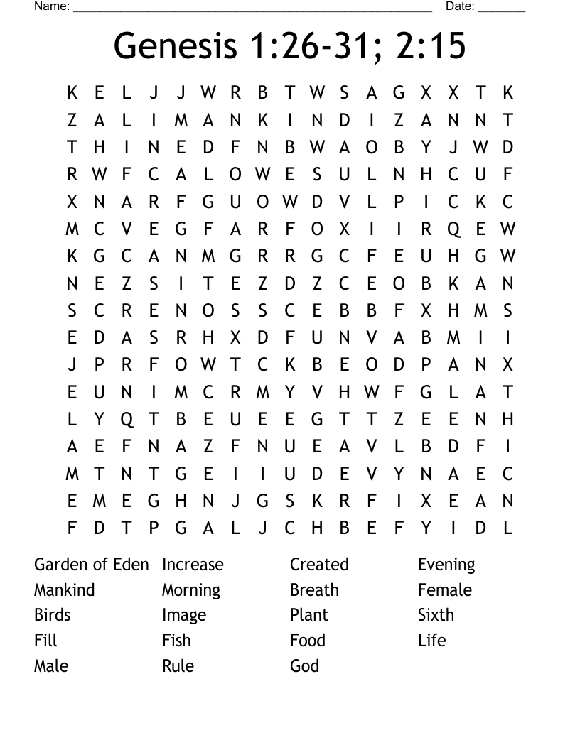 Genesis 1:26-31; 2:15 Word Search