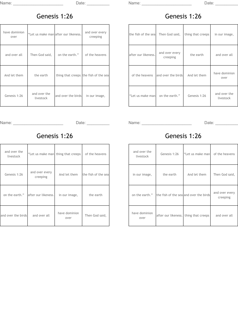 Genesis 1:26 Bingo Cards