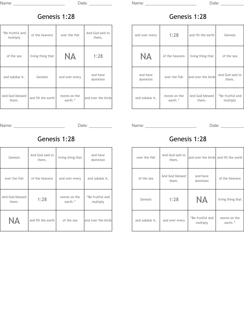 Genesis 1:28 Bingo Cards
