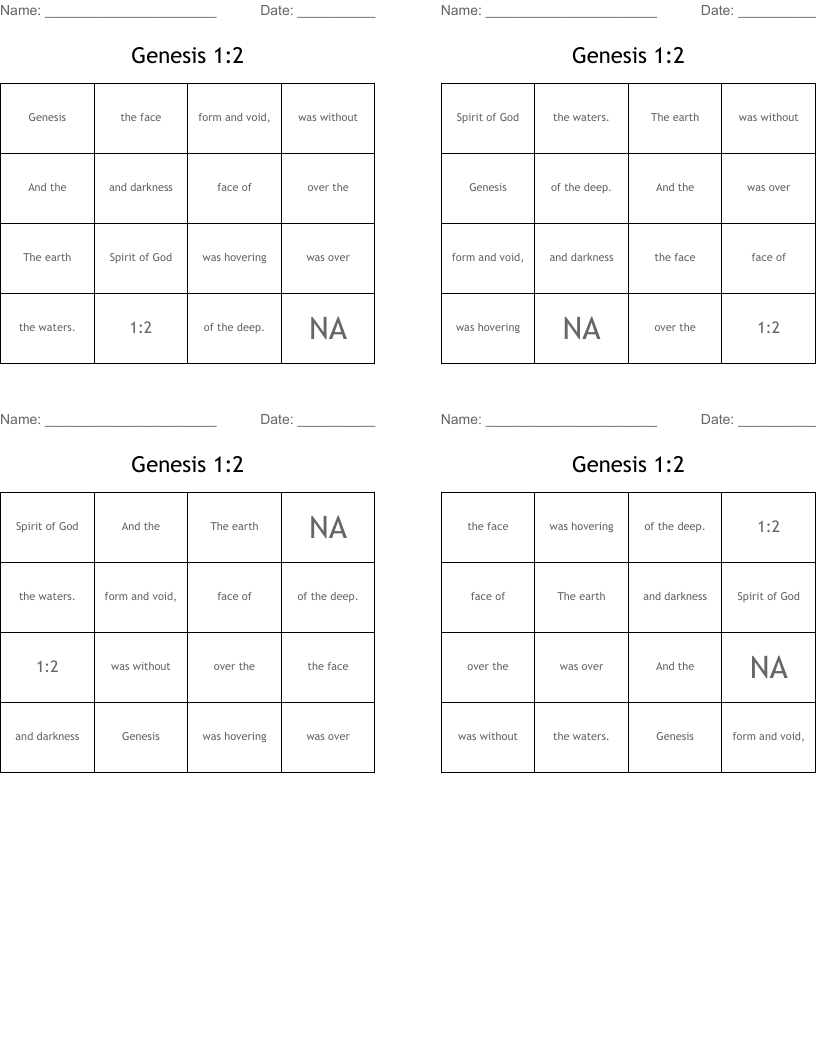 Genesis 1:2 Bingo Cards
