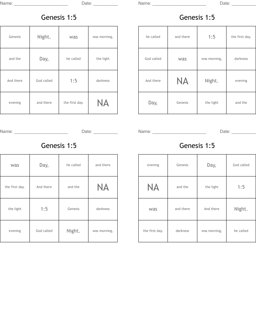 Genesis 1:5 Bingo Cards